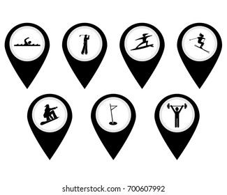 Different buttons for sports swimming surfing bobsled weightlifting golf