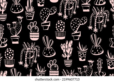 Different cacti doodle illustration. seamless pattern on a black background. Vector background with desert plants. 