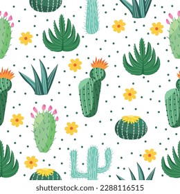 Different cacti, flowers and succulents on white background. Pat