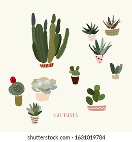 Different cacti and succulents in pots vector illustration on a white background. All objects are grouped and isolated. The inscription cactuses. EPS 10