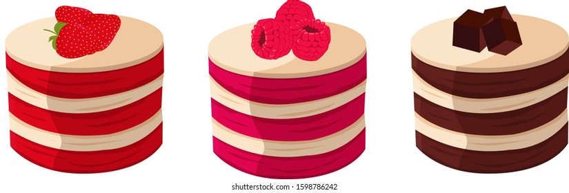 Different cake collection. Set of pie. Cake set. Strawberry cake. Raspberry pie. Chocolate pie