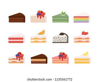 Different cake slices set. Isolated vector illustration.