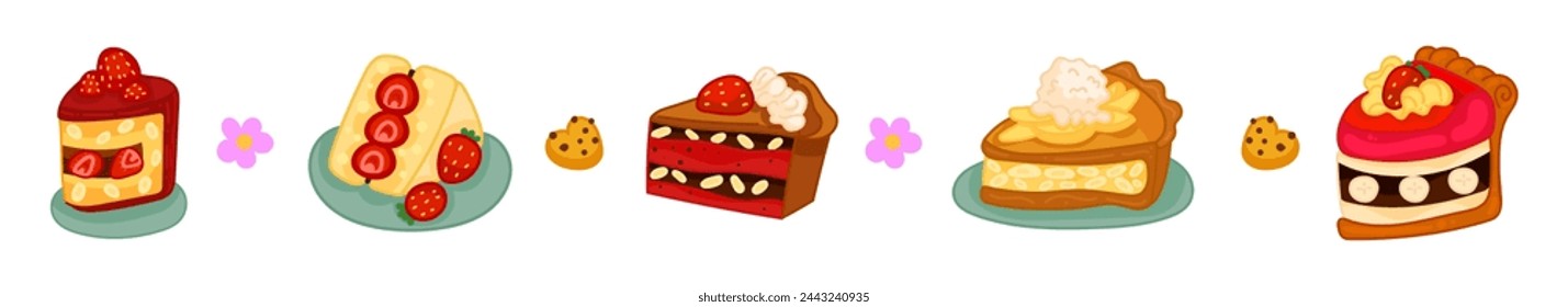 Different cake slices set. Layered sponge cakes with fruit and chocolate, cheesecake, pie. Isolated vector illustration.