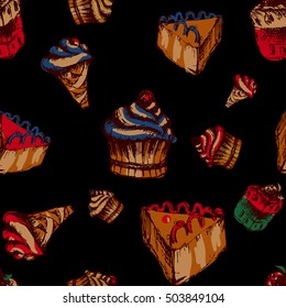 different cakes dark seamless pattern