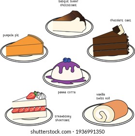 Different cakes flavours in graphic illustrations. Assorted cakes vectors.
Pumpkin pie, burnt cheesecake, chocolate cake, blueberry panna cotta pudding, vanilla swiss roll, strawberry shortcake cream.