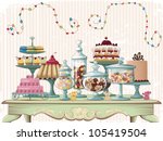 Different cakes and glass jars with candies set on the old-fashioned table. All objects are grouped and separated to layers.