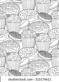 Verschiedene Kuchen: Muffin, Spende, Tasse Kuchen und Makaroon, nahtlose Textur, Titelblatt für das Farbbuch für Erwachsene