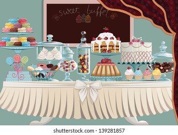 Different cakes on cake-stands and candies in candy jars standing on a table. All objects are grouped and separated to layers. EPS8 svg