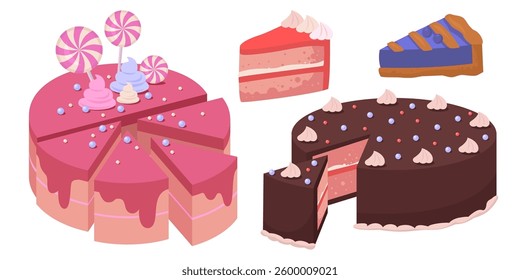 Different cakes on an isolated background. Vector collection in a flat style