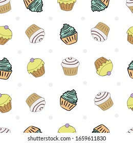 Verschiedene Kuchen auf weißem Hintergrund, nahtloses Muster. Für Gewebe, Tapeten, Deckel, Website, Druck. Vektorillustration.