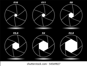 Different camera shutter apertures isolated over black