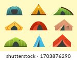 Different camping tent vector icons.  Triangle and dome tourist outdoor house. Hiking and trekking camp tents for rest.