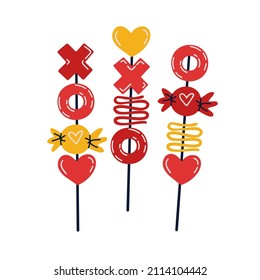 different candies on a stick for valentine's day, hearts, sweets. flat vector illustration on white background