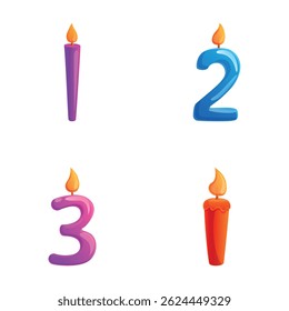 Different candle icons set cartoon vector. Bright candle for birthday cake. Cake decoration