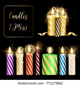 Different  candles with fire and bokeh. Vector Illustration