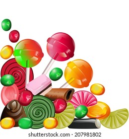 Different candy: licorice, caramel, chocolate, jelly beans on white background