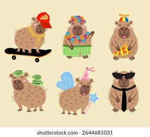 Different capybara stickers on a light yellow background.