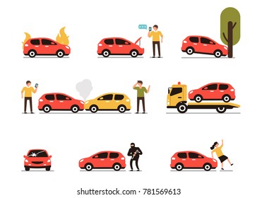 Different car accidents with people. Types of Insurance cases.  Flat style minimal vector illustration isolated on white background. 