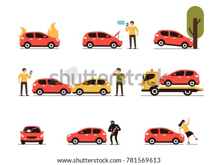 Different car accidents with people. Types of Insurance cases.  Flat style minimal vector illustration isolated on white background. 