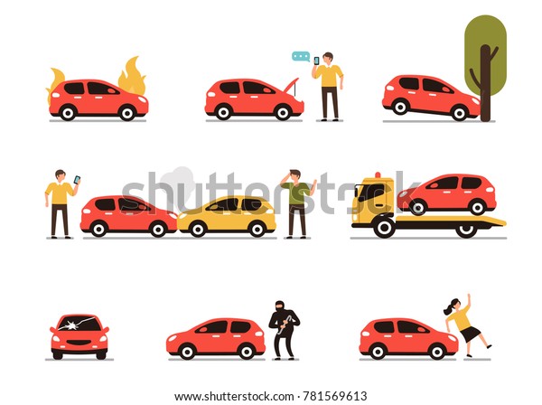Different car accidents with people. Types of Insurance\
cases.  Flat style minimal vector illustration isolated on white\
background. 