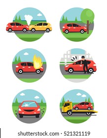 
Different Car Accidents. Types Of Insurance Cases. Vector Illusrtation. 
