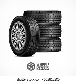 Different car black new rubber wheels on white background. Tyres and for racing concept. Vector illustration