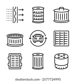 Different car filters icons set. Linear image of oil, gasoline and air filter for cleaning fuel, air and oil. Car service line icons collection. Vehicle repair garage and Service Graphic. Isolated vec