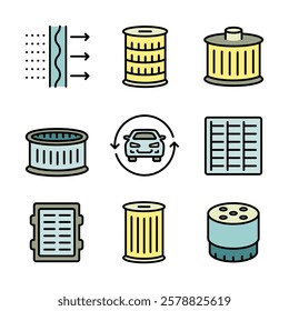 Different car filters icons set. Color image of oil, gasoline and air filter for cleaning fuel, air and oil. Car service simple icon collection. Vehicle repair garage and Service Graphic. Isolated vec