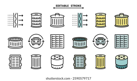 Different car filters icons set. Editable stroke. Simple image of oil, gasoline and air filter for cleaning fuel, air and oil. Car service color icons collection. Vehicle repair garage and Service Gra