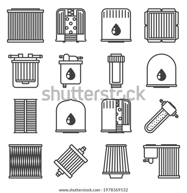 Different car filters icons set. Linear image\
of oil, gasoline and air filter for cleaning fuel, air and oil.\
Isolated vector on pure white\
background.