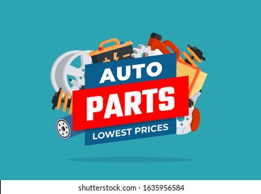 Different car parts. Various auto accessories. Concept for shop. Vector illustration in flat style