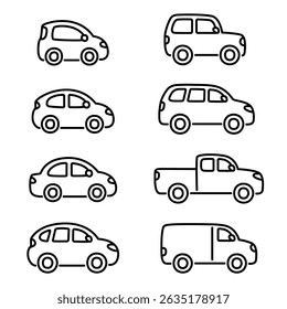 Different car types line icon set in cute cartoon hand drawn doodle style. Sedan and hatchback, SUV and crossover, pickup truck and van. Vector illustration.