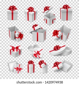 Different cardboard boxes with red ribbon bows mockup. Christmas or birthday gift packaging with bows. Many realistic 3d pasteboard containers with shadow vector illustration on transparent background