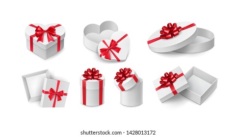 Different cardboard boxes with red ribbon bows. Perfume or cosmetics festive packing for present. Christmas or birthday gift boxes with red tape. Many realistic containers isolated vector illustration