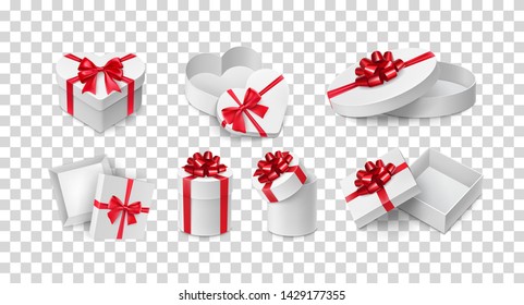 Different cardboard boxes with red ribbon bows. Perfume or cosmetics festive packing for present. Christmas or birthday gift boxes with tape. Many realistic vector containers on transparent background