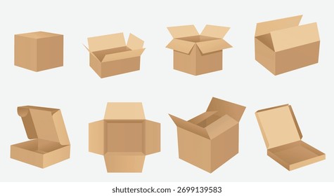 Different cardboard packaging box set isolated vector illustration for logistics design