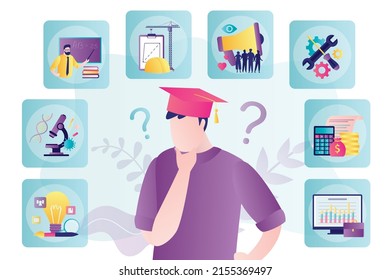 Different career opportunities for young specialist. Graduate chooses profession for work. Guy thinks about who to work after graduation. Student path and personal choice. Flat vector illustration