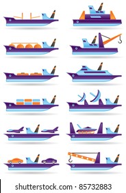 Different cargo ships icons set - vector illustration