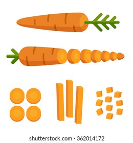 Different carrot cuts: sliced, cubed and cut in matchstick shape. Cooking illustration in modern vector style.