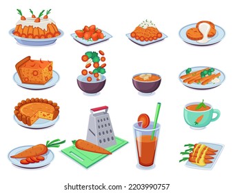 Different carrot dishes vector illustrations set. Collection of cartoon drawings of cakes, salad, soup, juice from carrots, whole and cut orange vegetable on white background. Healthy food concept