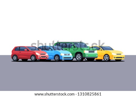 Different cars are parked in a row. Vector illustration in cartoon style isolated on white background