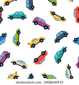 Distintos autos sin costura en estilo plano. Fondo de la colección de vehículos. Siluetas de coches. Símbolo de transporte. Ilustración del vector