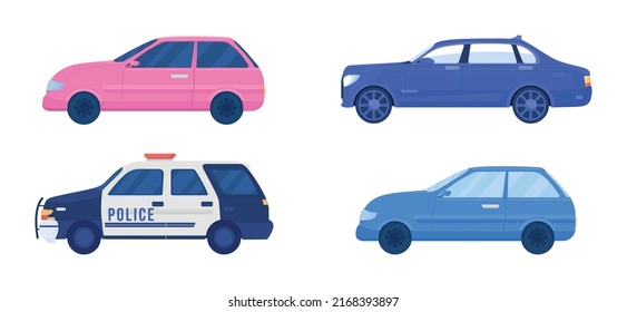 Different cars semi flat color vector objects set. Editable figures. Full sized items on white. Simple cartoon style illustration for web graphic design and animation collection. Bebas Neue font used