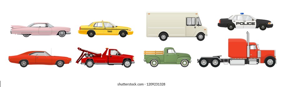 Different cars set. Side view vehicles. Vector illustration.