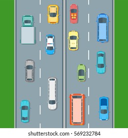 Different Cars Top View Position Set on the Road. Flat Design Style. Vector illustration