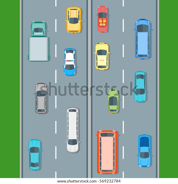 Different Cars Top View Position Set on the\
Road. Flat Design Style. Vector\
illustration
