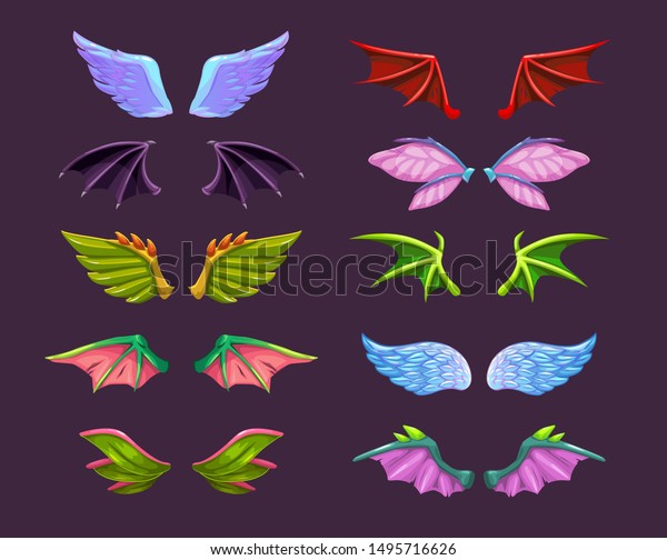 Different cartoon animal\
wings set. Angel, devil, dragon, bat, butterfly wing icons.\
Isolated vector\
elements.