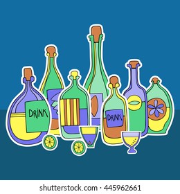 Different cartoon bottles and glasses. Vector illustration.
