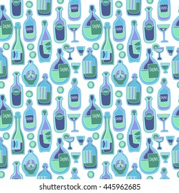 Different cartoon bottles and glasses. Vector seamless pattern.
