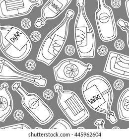 Different cartoon bottles. Vector Monochrome seamless pattern.

